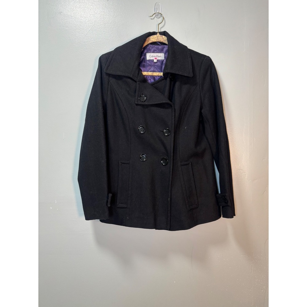 Calvin Klein Womens Black Wool Blend Double Breasted Pea Coat Size 6 CW729545